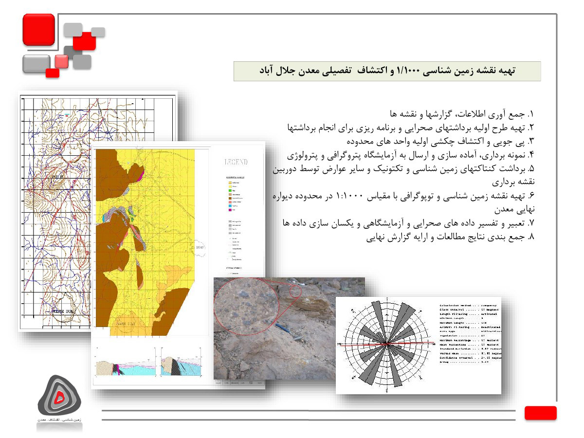 تهیه نقشه زمین شناسی 1/1000 و اکتشاف تفصیلی معدن جلال آباد